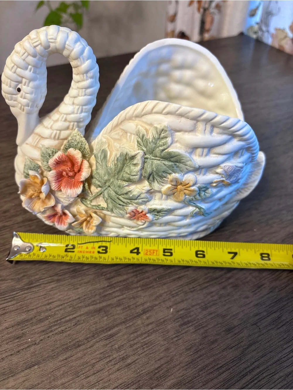 Vintage White Swan Planter with Hand-Painted Floral Accents Cottagecore